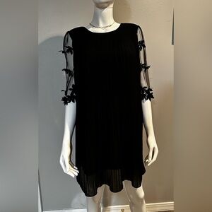 The Clothing Company Black Pleated Shift Dress Sheer Floral Sleeves